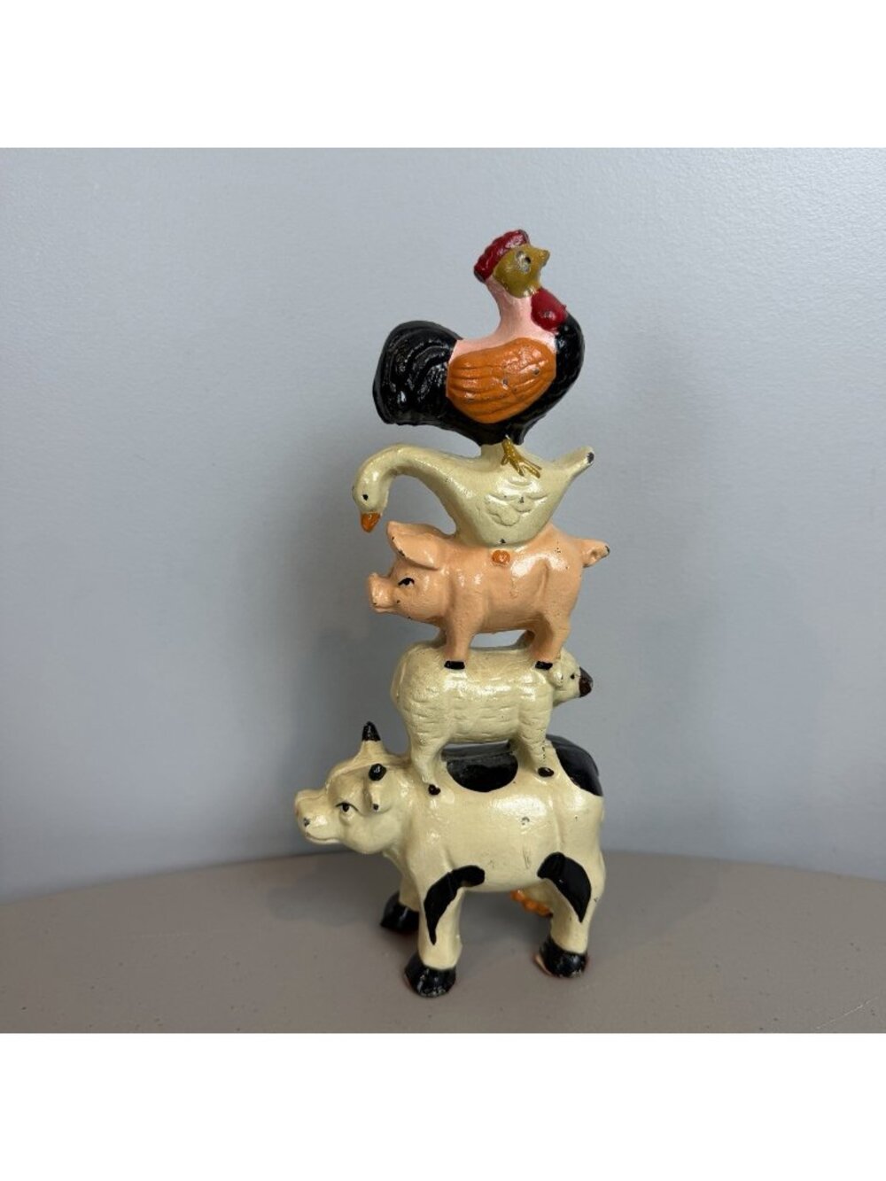 Vintage Cast Iron Farm Animal Stack Figurine Cow Pig Goose Rooster Folk Art